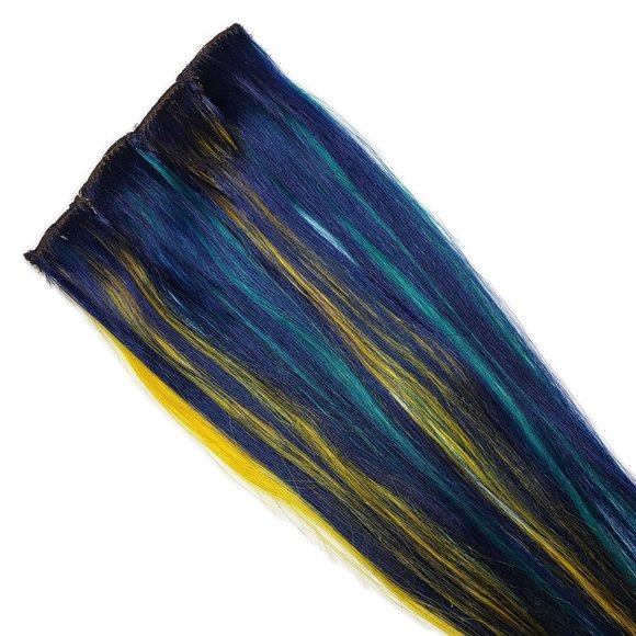 Galaxy Blue Teal Yellow Double Drawn Clip in Remy Human Hair Extensions - Picture 3 of 3